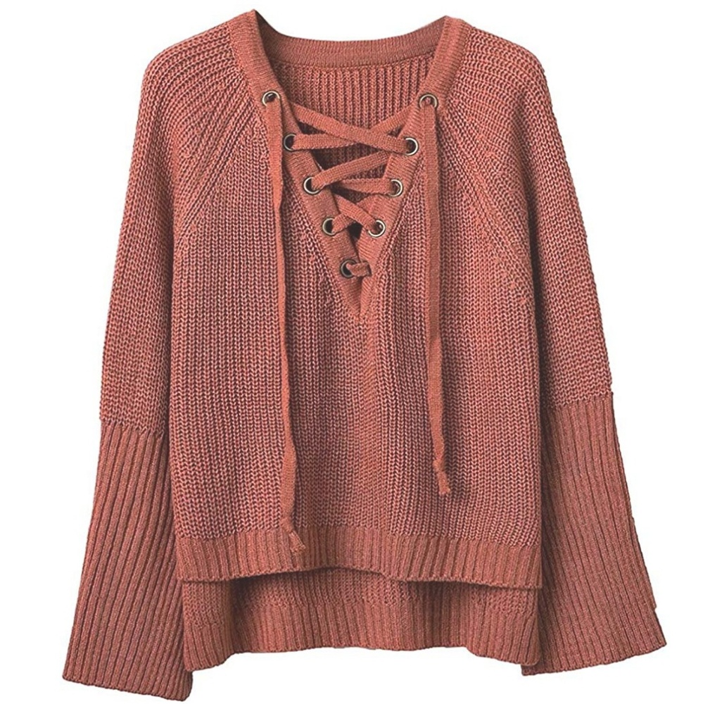 NWT Rust Lace Up Bell Sleeve Knit Sweater - Picture 6 of 6